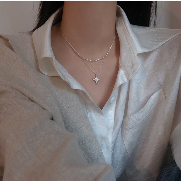 #NEW 925 Sterling Silver Diamond Pearl Star Double Layer Necklace - Picture 5 of 7